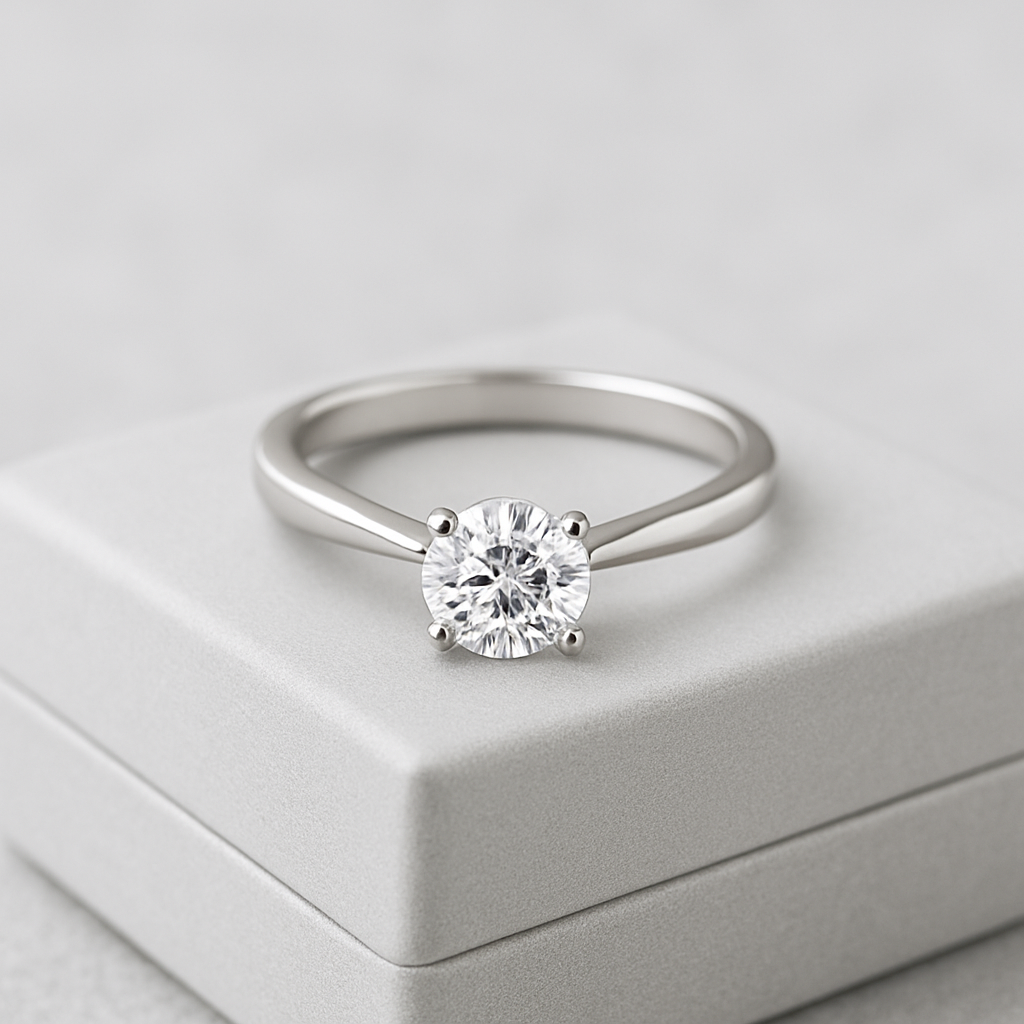 Forlovelsesring i hvidguld med brillant enstens diamant – placeret på lys grå smykkeæske