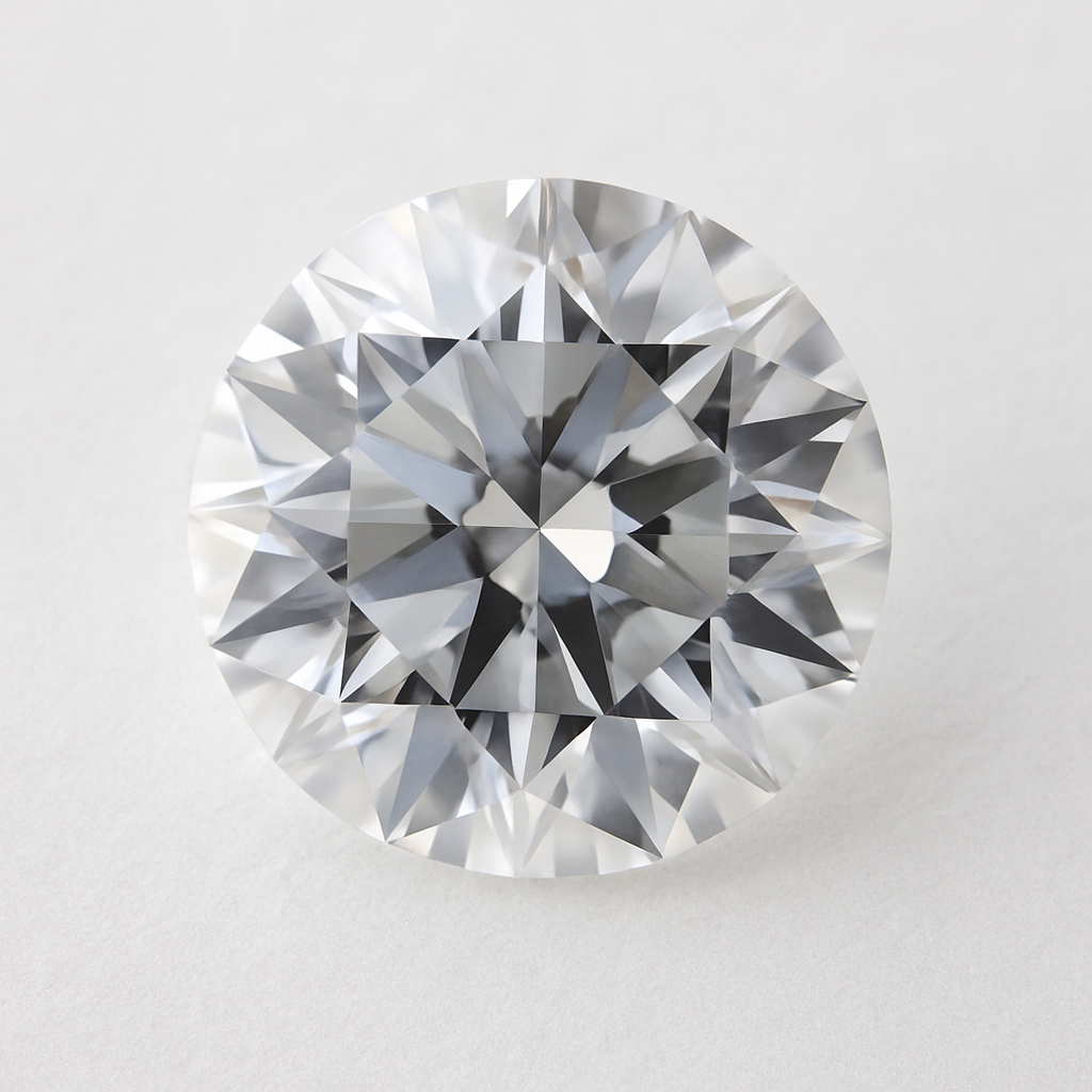 Nærbillede af en rund brillant-slebet diamant på en lysegrå baggrund. Facetterne reflekterer lyset klart og afslører diamantens symmetri og glans.