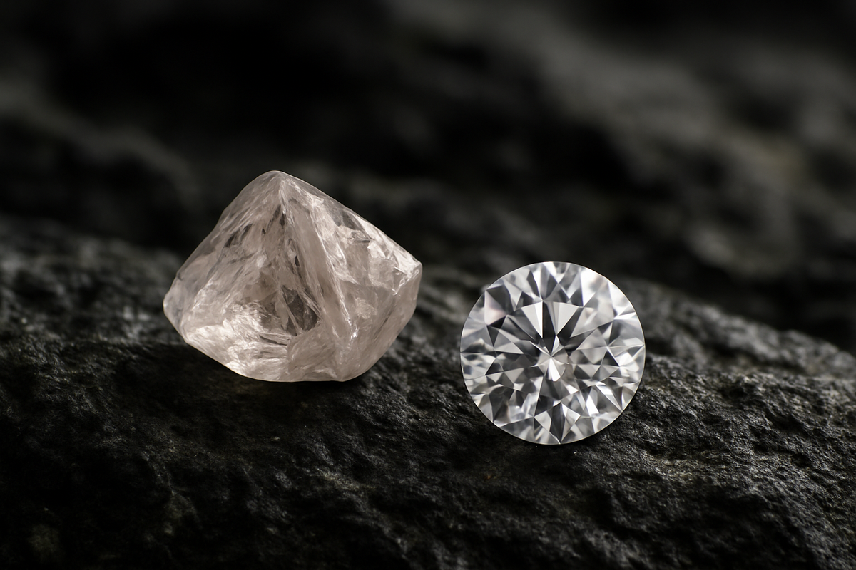 En rå diamant og en brillant-slebet diamant ligger side om side på en mørk, ujævn stenoverflade. Den rå diamant er mat og uregelmæssig, mens brillanten er klar og facetteret – en visuel sammenligning mellem natur og forarbejdning.