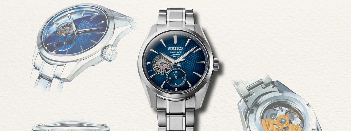 Seiko Presage stål ur med blå skive, tegnet fra forskellige vinkler