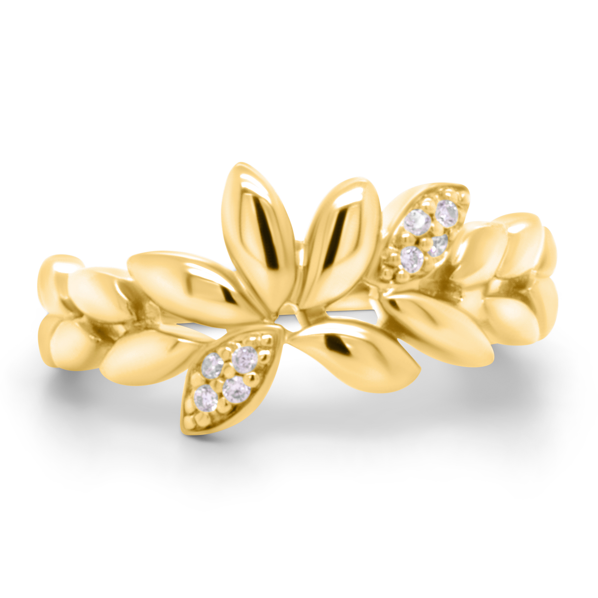 Forgyldt ring med blomstermotiv og hvide zirkonia sten