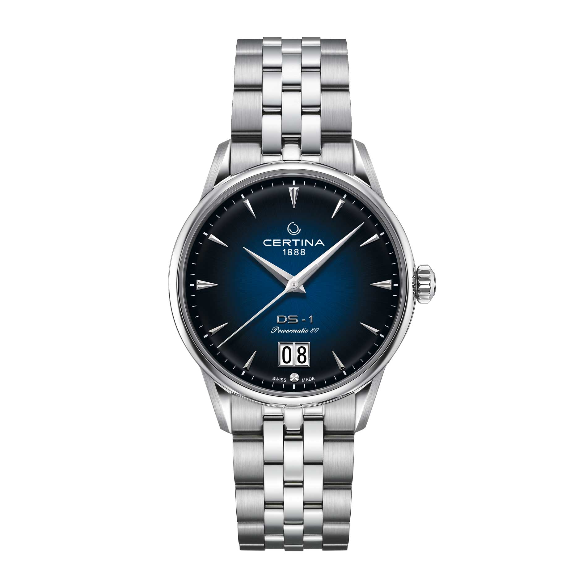 Certina DS 1 Big Date stål ur med blå skive, set forfra