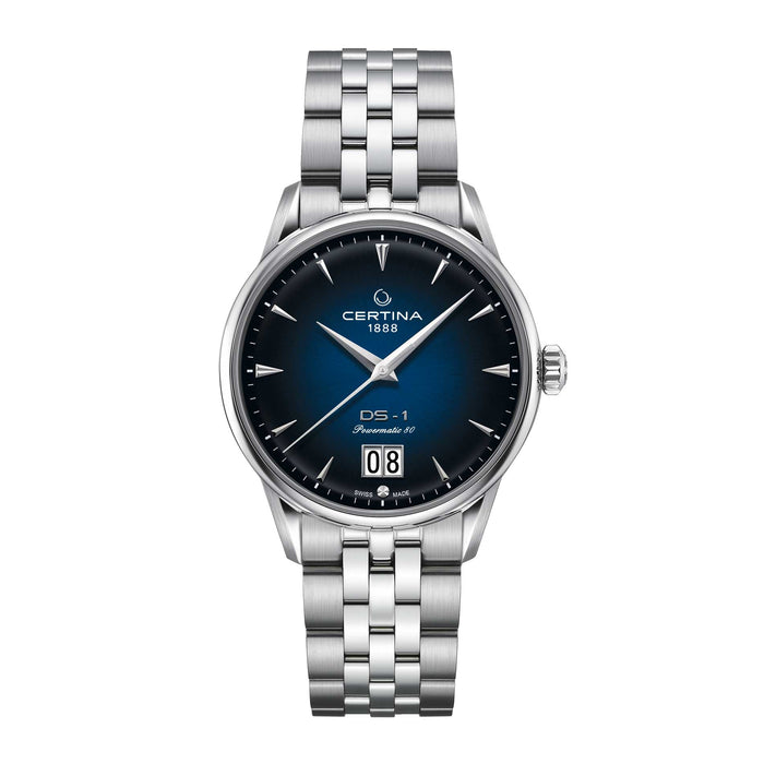 Certina DS 1 Big Date stål ur med blå skive, set forfra