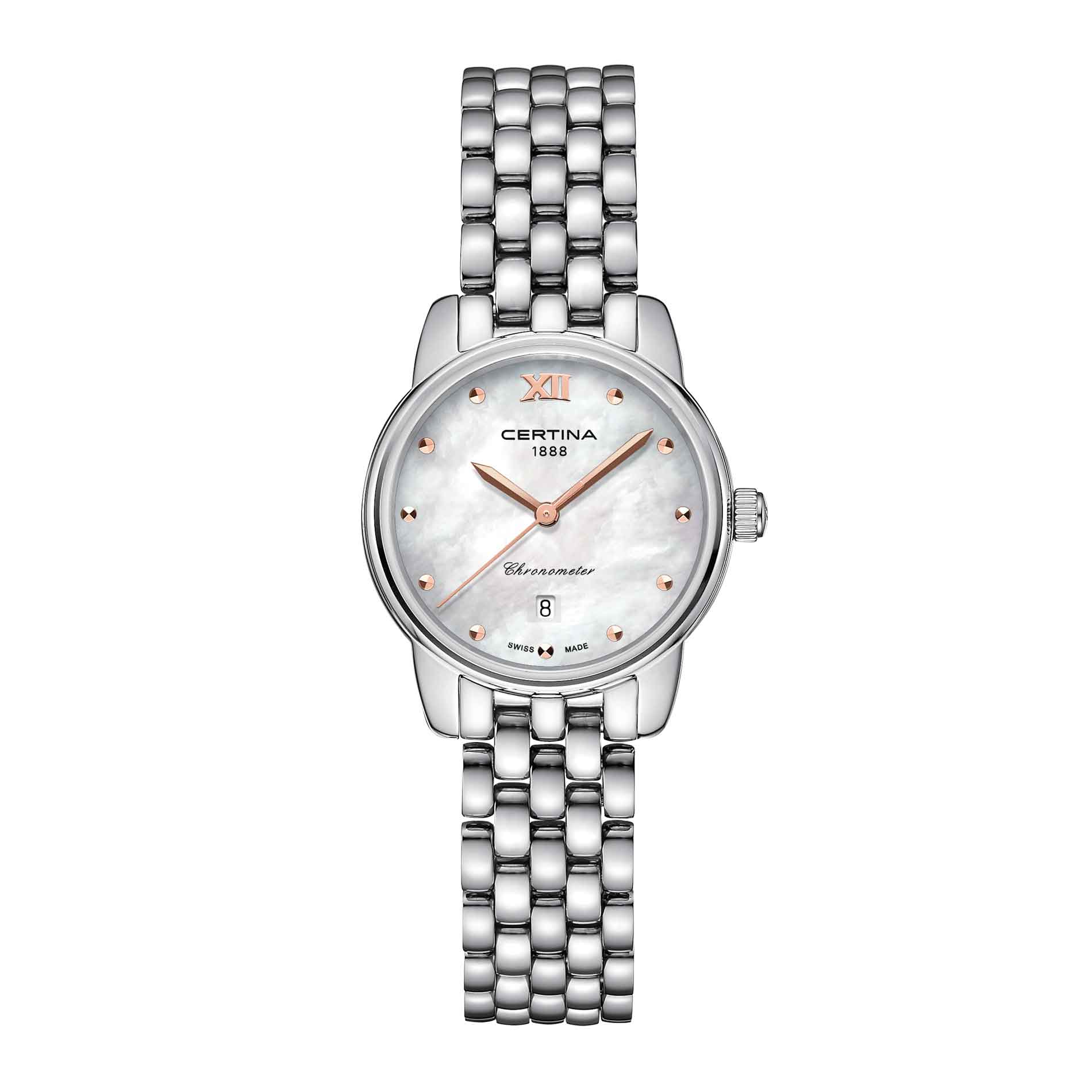 Certina DS 8 dameur i stål med sølv skive, set forfra