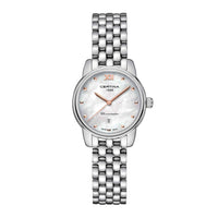 Certina DS 8 dameur i stål med sølv skive, set forfra