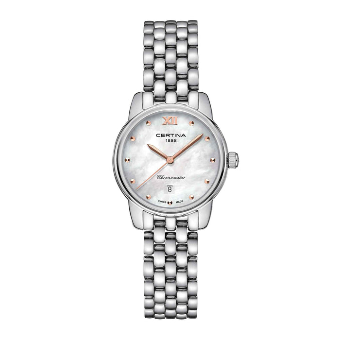 Certina DS 8 dameur i stål med sølv skive, set forfra