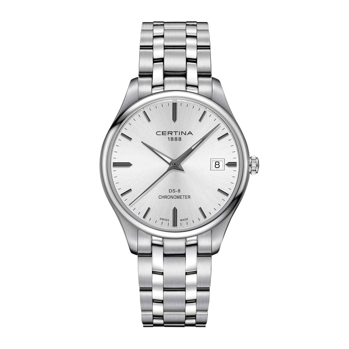 Certina DS 8 herreur i stål med hvid skive, set forfra