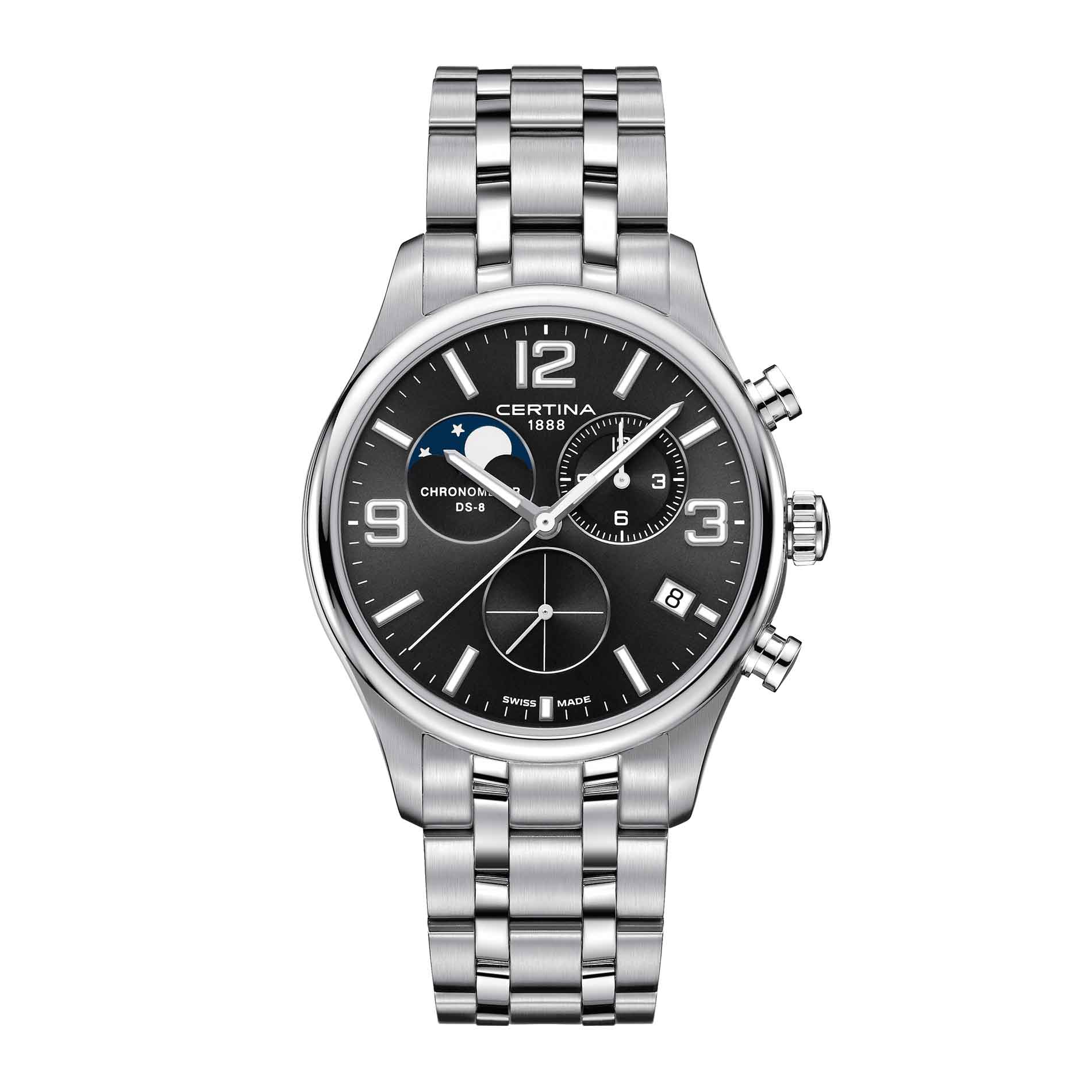 Certina DS 8 Moon Phase herreur i stål med sort skive, set forfra