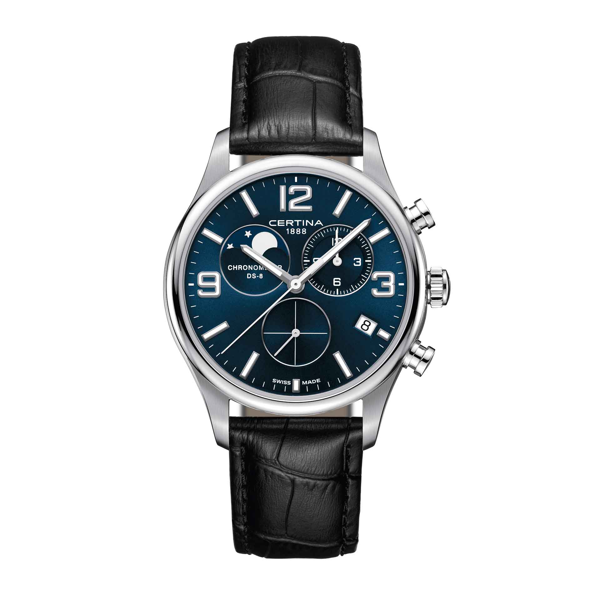 Certina DS 8 Moon Phase herreur med blå skive og læderrem, set forfra