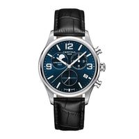 Certina DS 8 Moon Phase herreur med blå skive og læderrem, set forfra