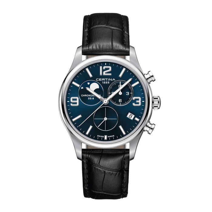 Certina DS 8 Moon Phase herreur med blå skive og læderrem, set forfra