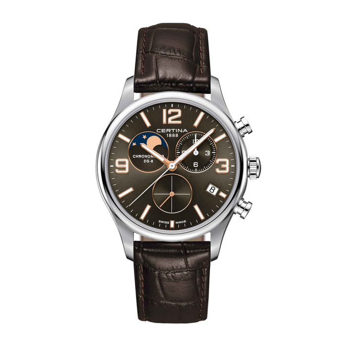 Certina DS 8 Moon Phase herreur med brun skive og brun læderrem, set forfra