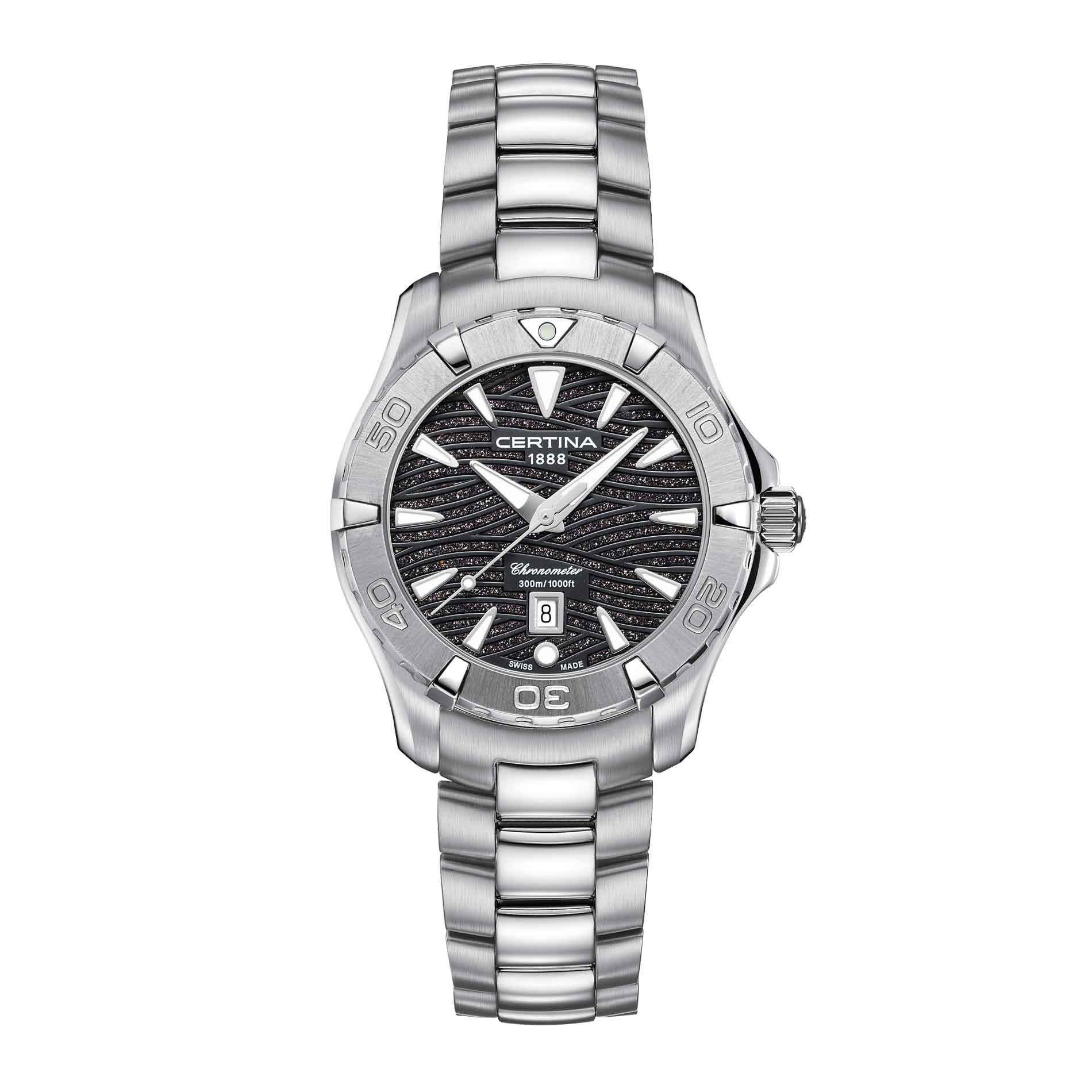Certina DS Action dame dykkerur i stål med sort skive, set forfra