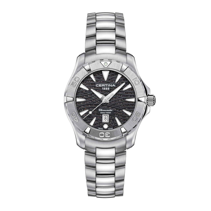 Certina DS Action dame dykkerur i stål med sort skive, set forfra
