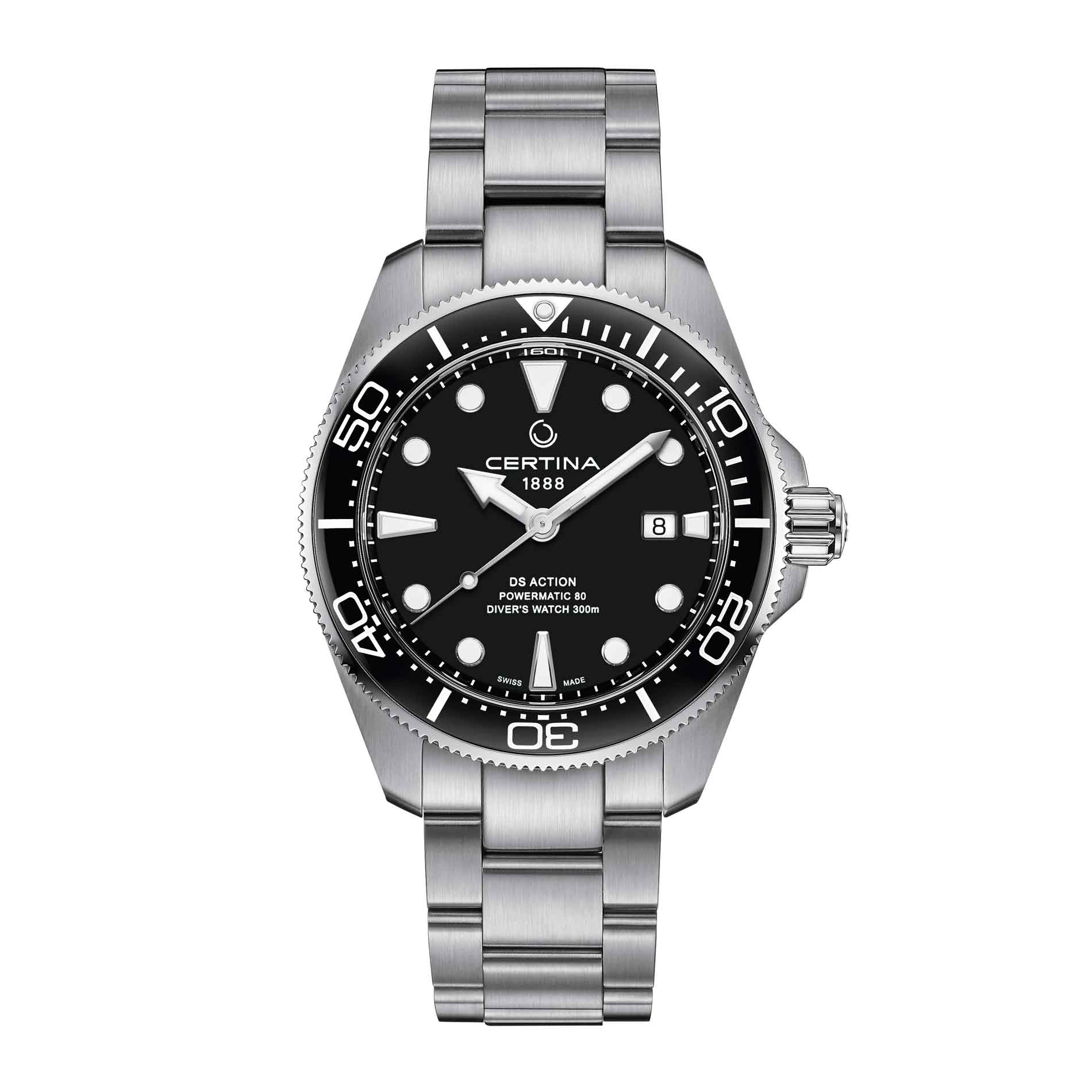 Certina DS Action Diver herreur i rustfrit stål med sort skive, set forfra