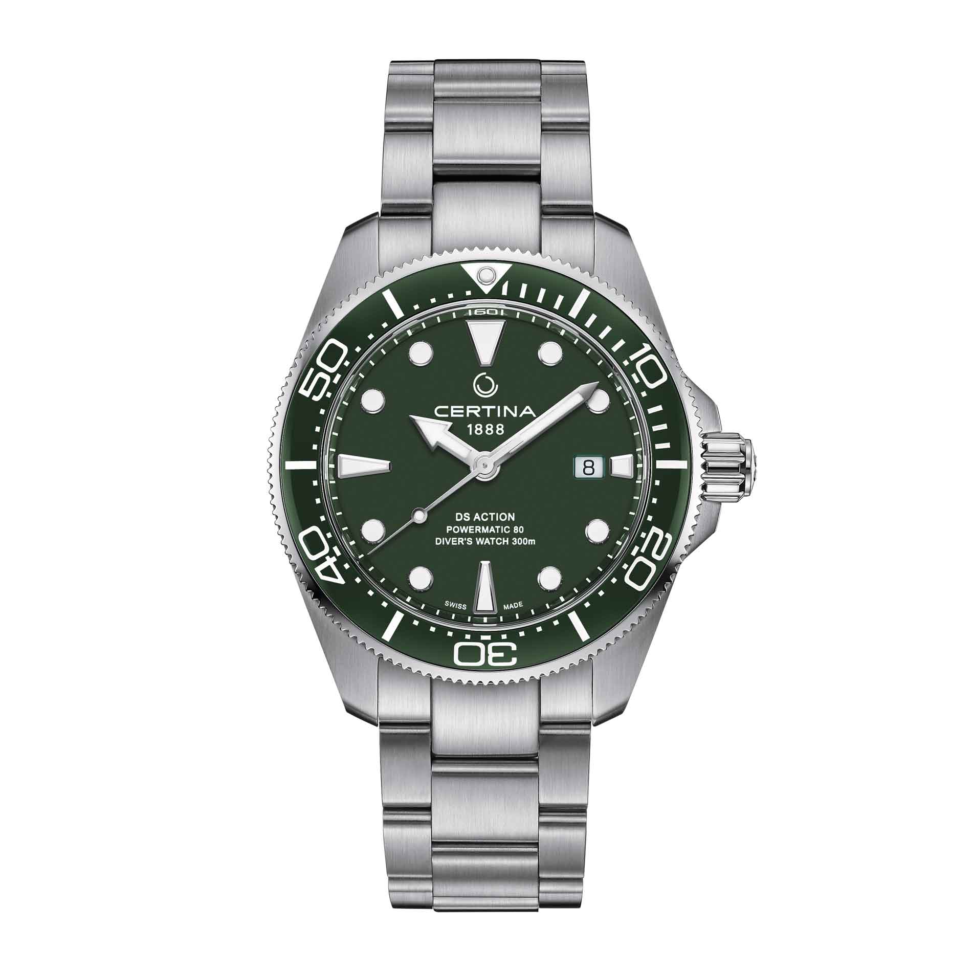 Certina DS Action Diver automatisk herre dykkerur i stål med grøn skive, set forfra