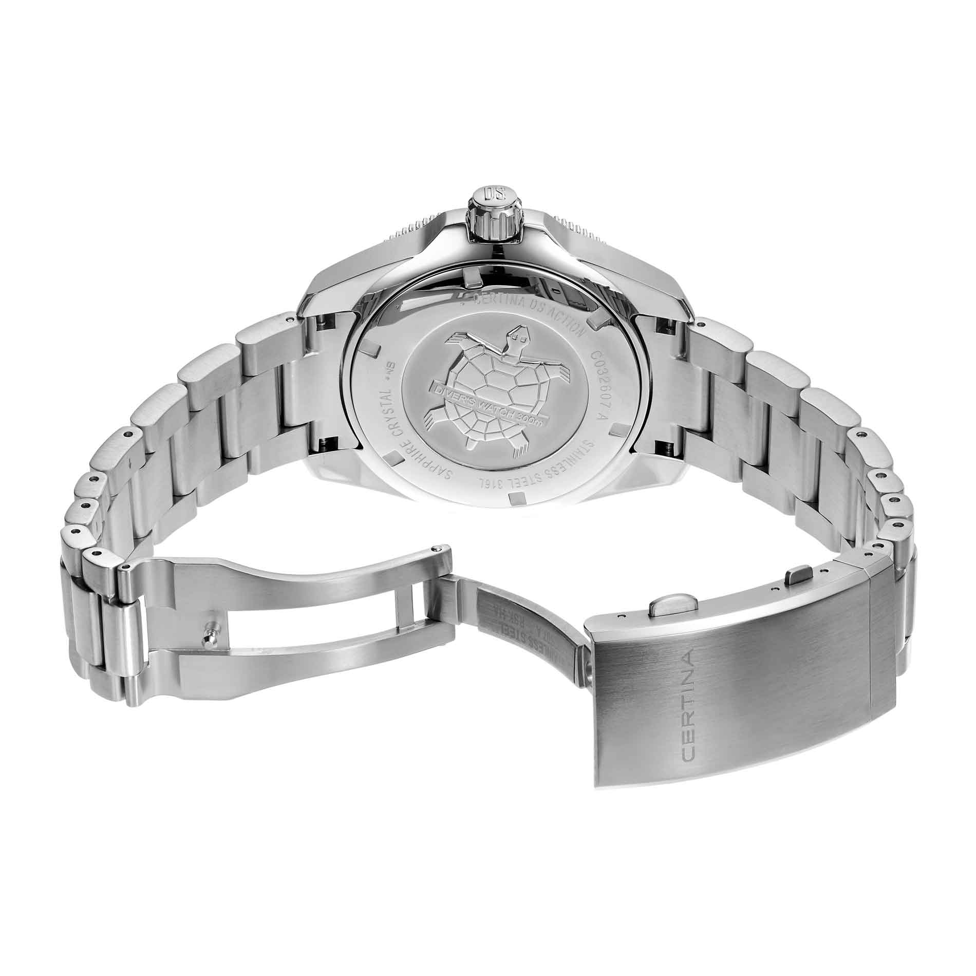 Certina DS Action Diver automatisk herre dykkerur i stål med grøn skive, set bagfra