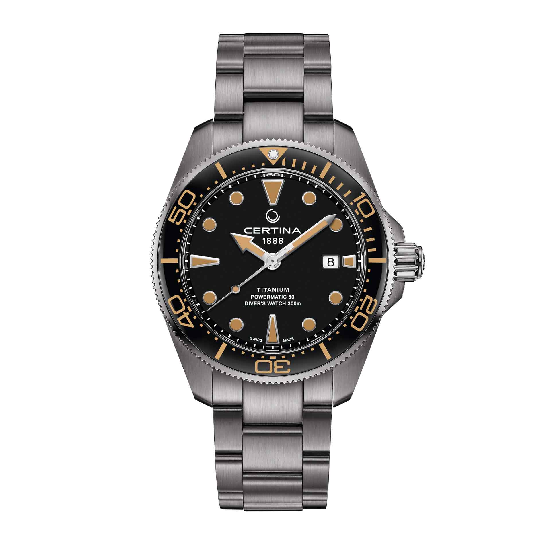 Certina DS Action Diver herreur i titanium med sort skive, set forfra