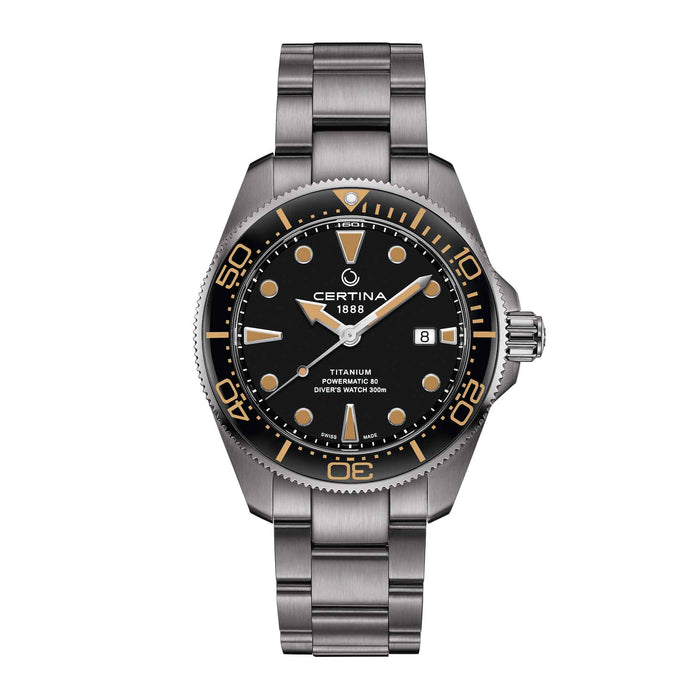 Certina DS Action Diver herreur i titanium med sort skive, set forfra