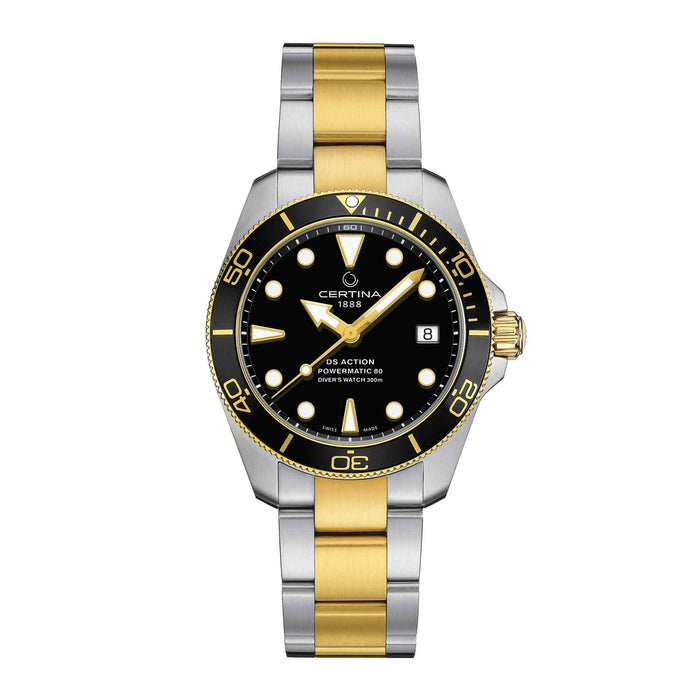 Certina DS Action Diver automatisk dykkerur i two-tone stål med sort skive, set forfra