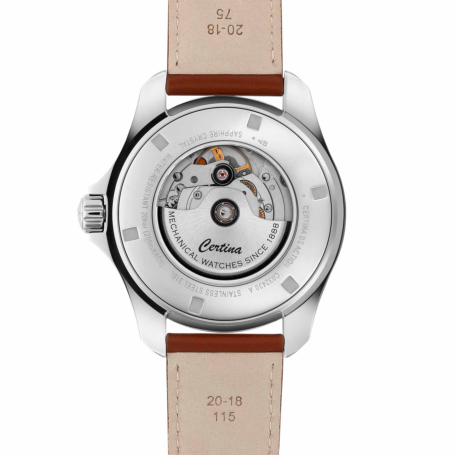 Certina DS Action Day-Date herreur med blå skive og læderrem, set bagfra