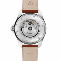 Certina DS Action Day-Date herreur med blå skive og læderrem, set bagfra