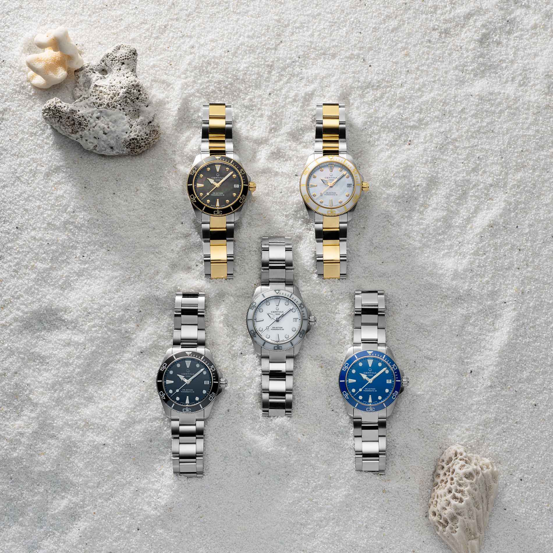 Certina DS Action damedykkerur i stål med sort skive, på sand