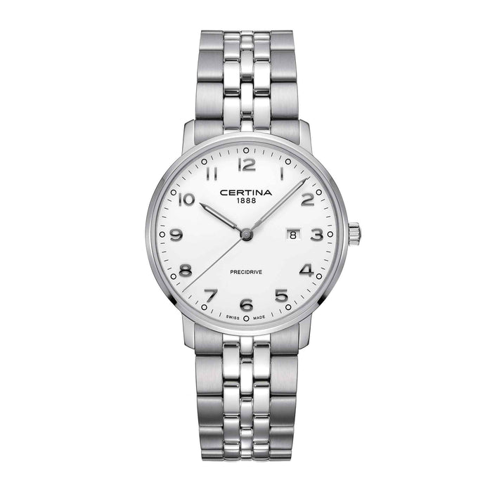 Certina DS Caimano ur i stål med hvis skive, set forfra