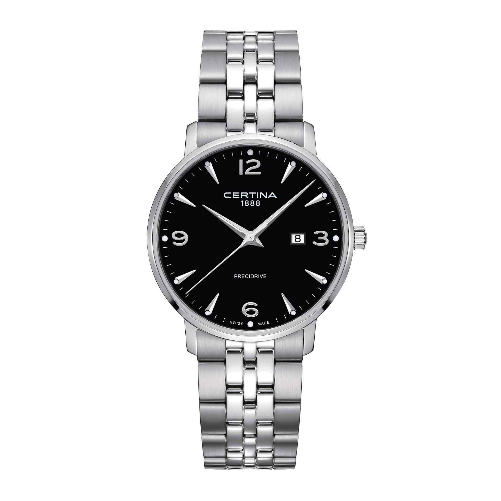 Certina DS Caimano herreur i stål med sort skive, set forfra