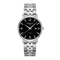 Certina DS Caimano herreur i stål med sort skive, set forfra