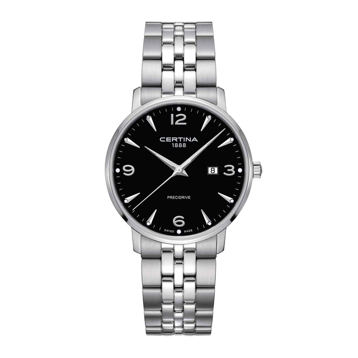 Certina DS Caimano herreur i stål med sort skive, set forfra