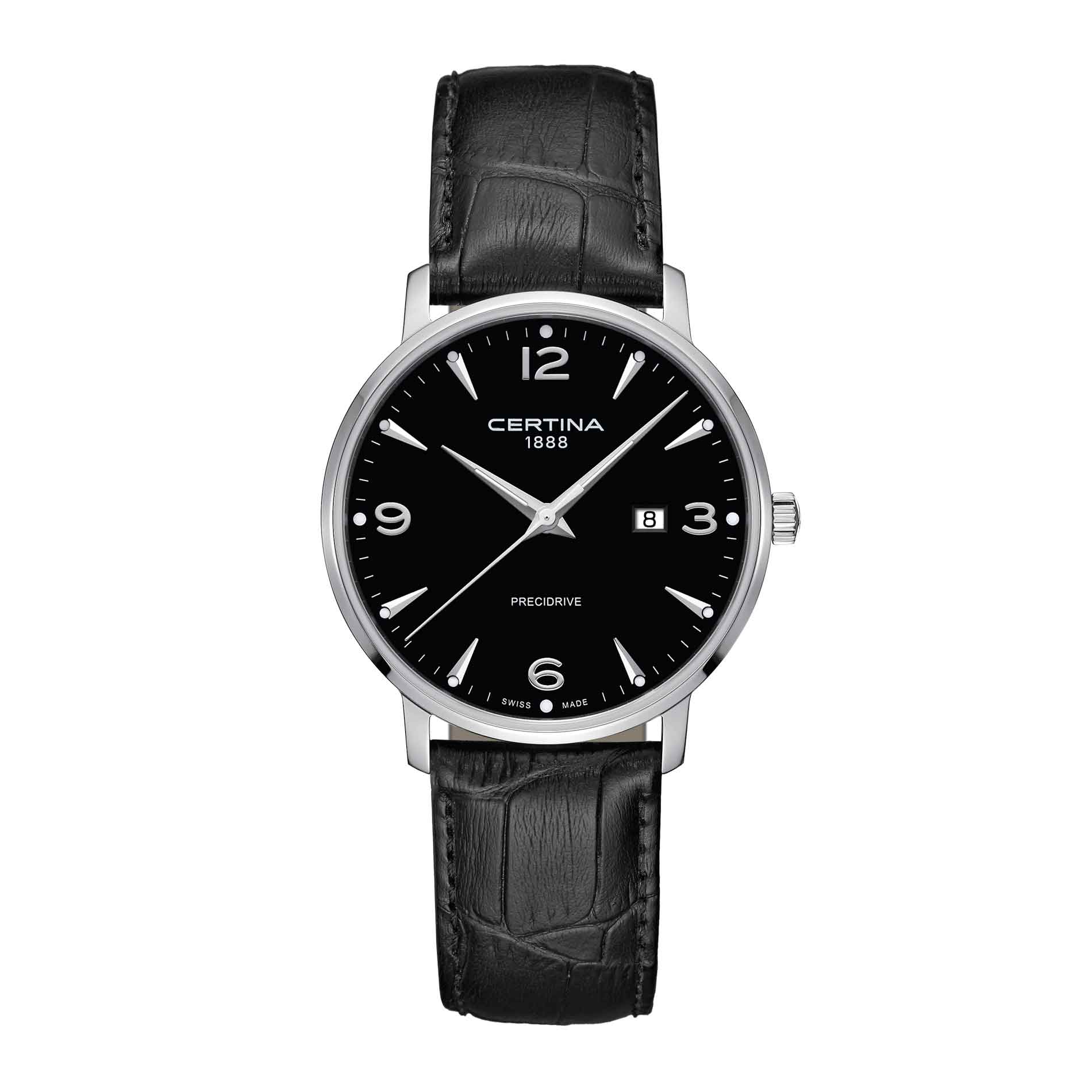 Certina DS Caimano ur med sort skive og sort læderrem, set forfra