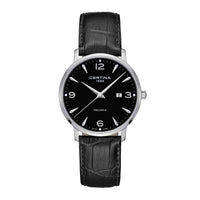 Certina DS Caimano ur med sort skive og sort læderrem, set forfra