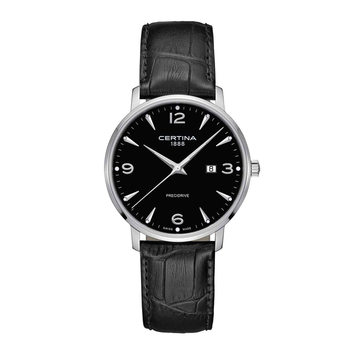 Certina DS Caimano ur med sort skive og sort læderrem, set forfra