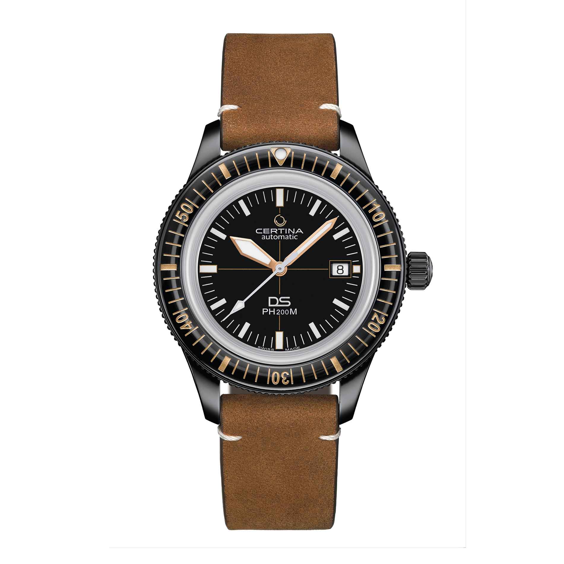 Certina DS PH200M herreur med brun læderrem og sort skive, set forfra