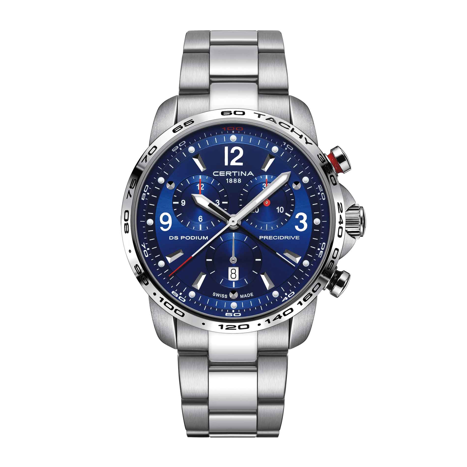 Certina DS Podium ur med blå skive og stållænke, set forfra