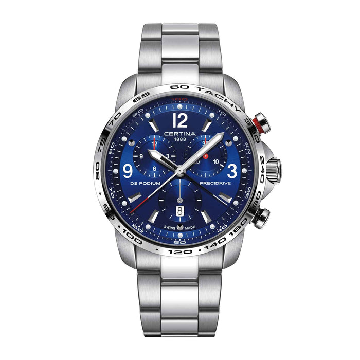 Certina DS Podium ur med blå skive og stållænke, set forfra