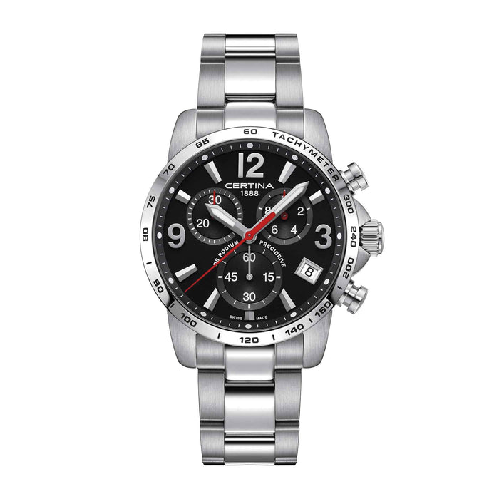 Certina DS Podium herreur i stål med sort skive, set forfra
