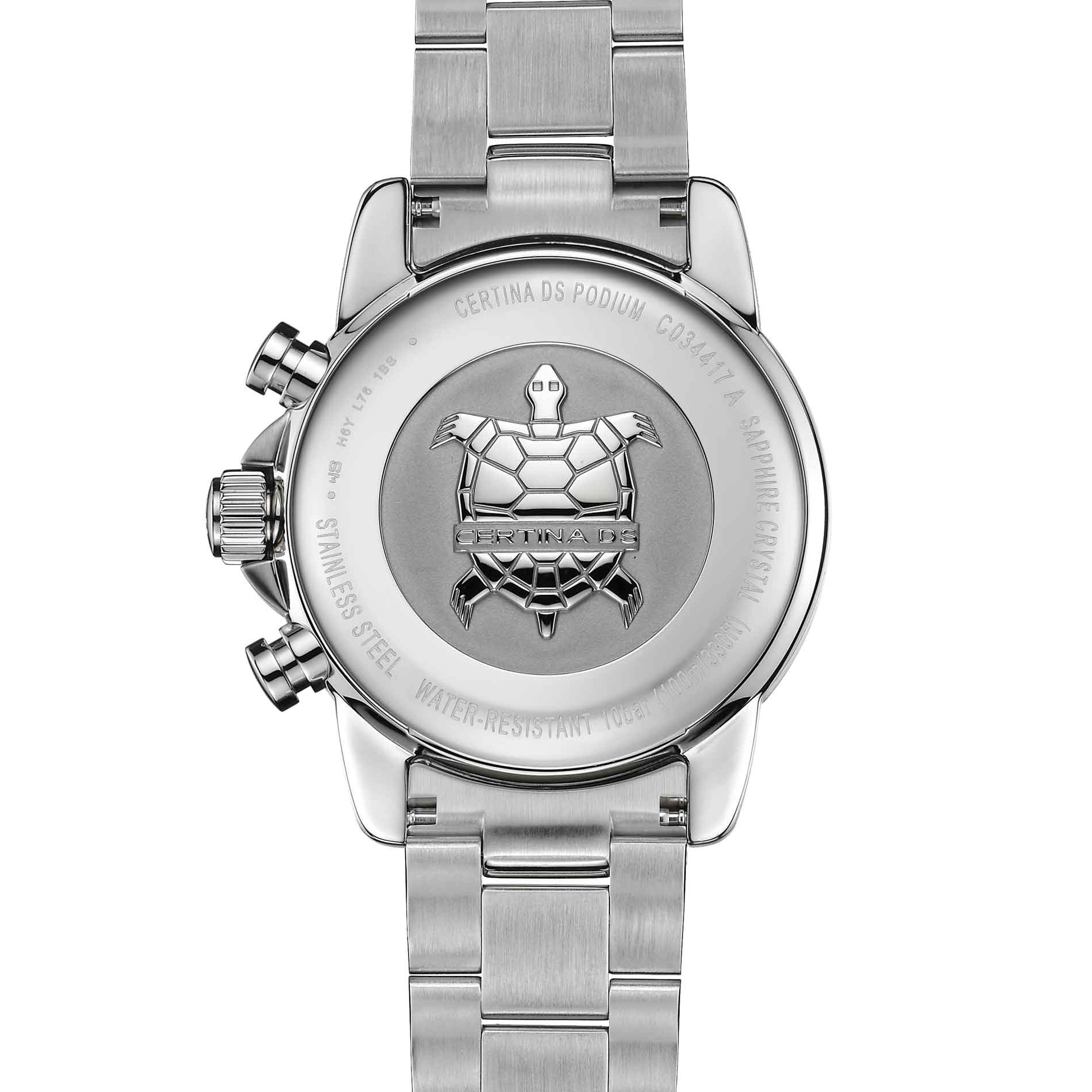 Certina DS Podium herreur i stål med sort skive, set bagfra