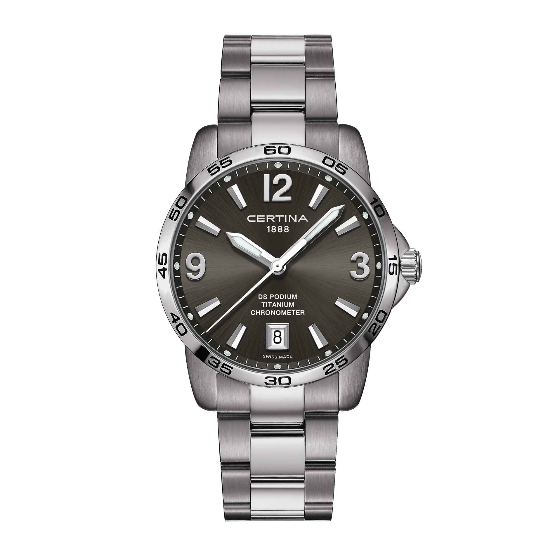 Certina DS Podium vandtæt herreur i titanium med grå skive, set forfra