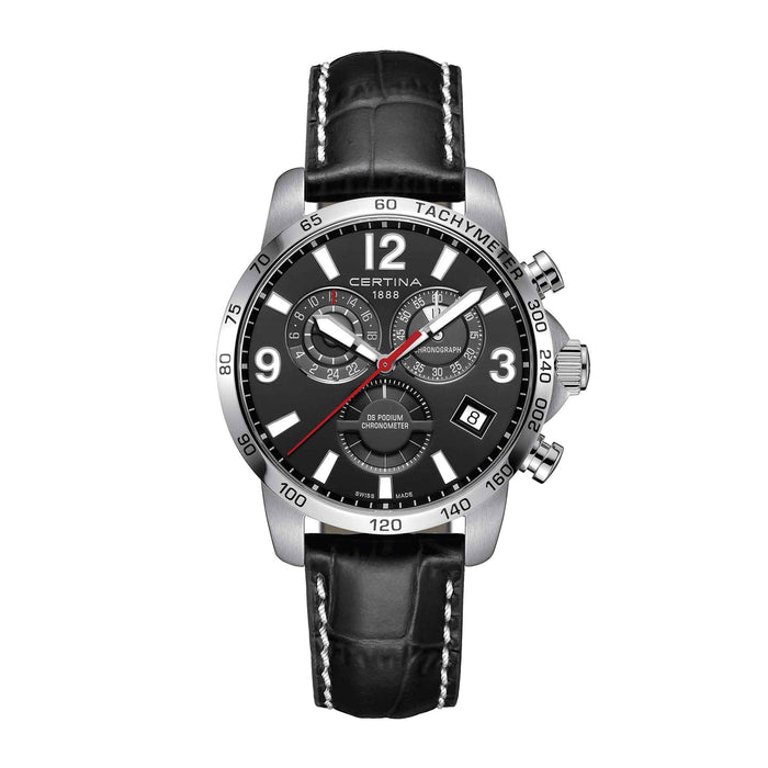 Certina DS Podium GMT herreur med sort skive og sort læderrem, set forfra