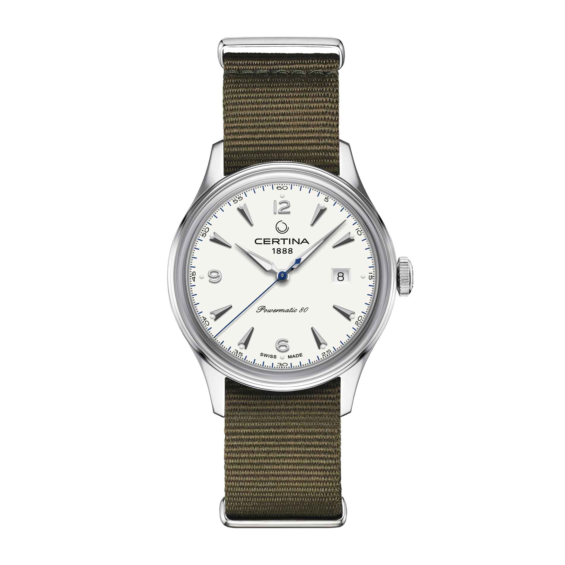 Certina DS Powermatic 80 herreur med grøn natorem og hvid skive, set forfra