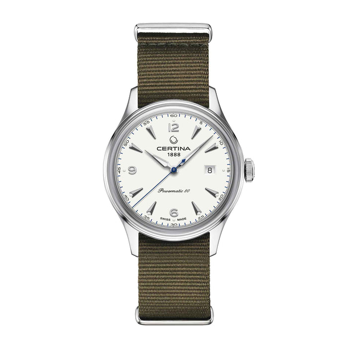 Certina DS Powermatic 80 herreur med grøn natorem og hvid skive, set forfra