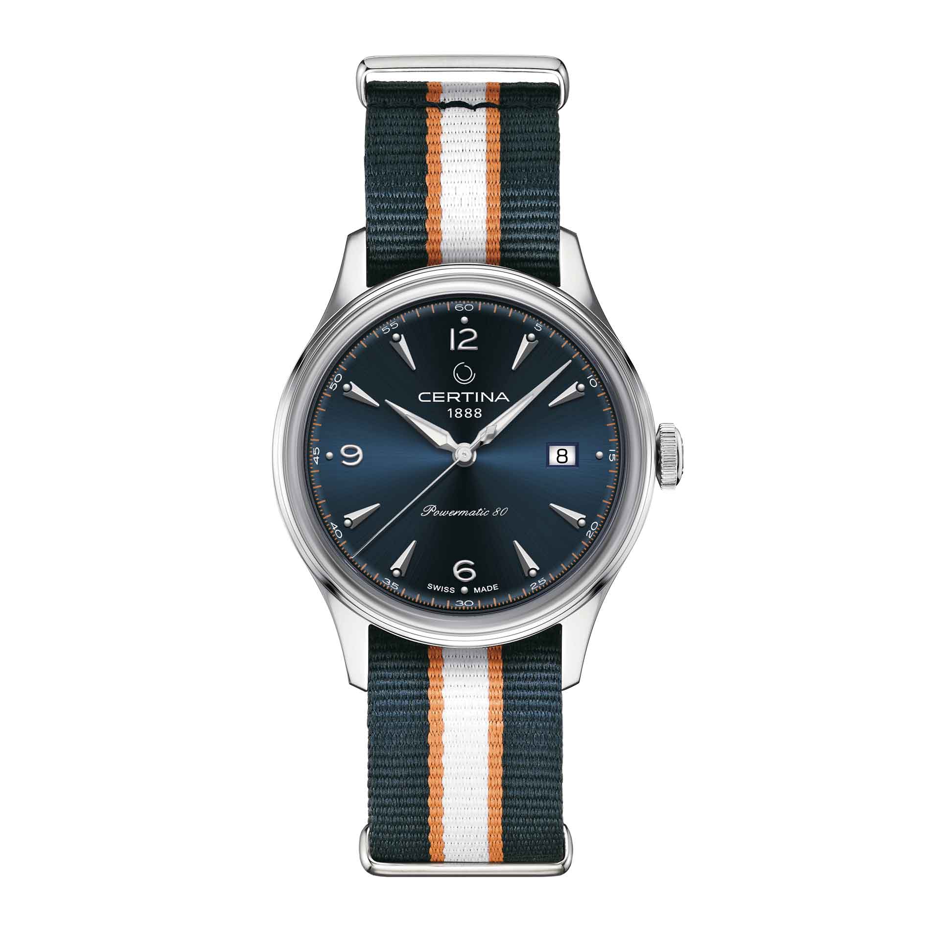 Certina DS Powermatic 80 herreur med blå skive og flerfarvet natorem, set forfra