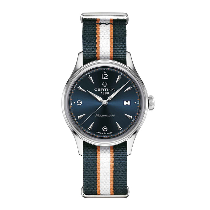 Certina DS Powermatic 80 herreur med blå skive og flerfarvet natorem, set forfra