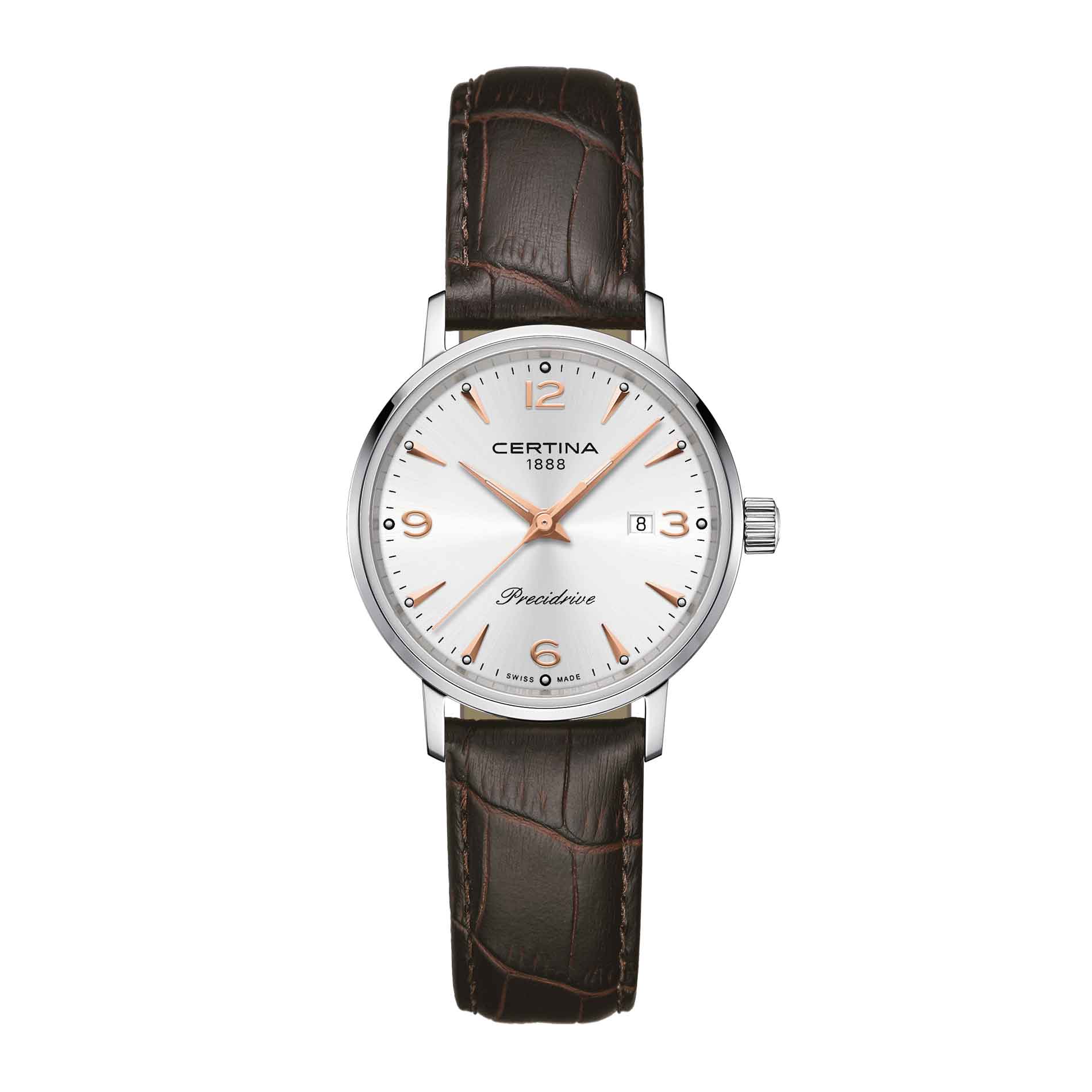 Certina DS Caimano dameur med brun læderrem, set forfra