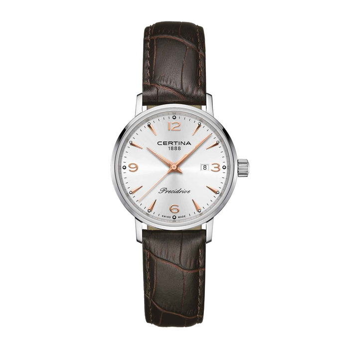Certina DS Caimano dameur med brun læderrem, set forfra