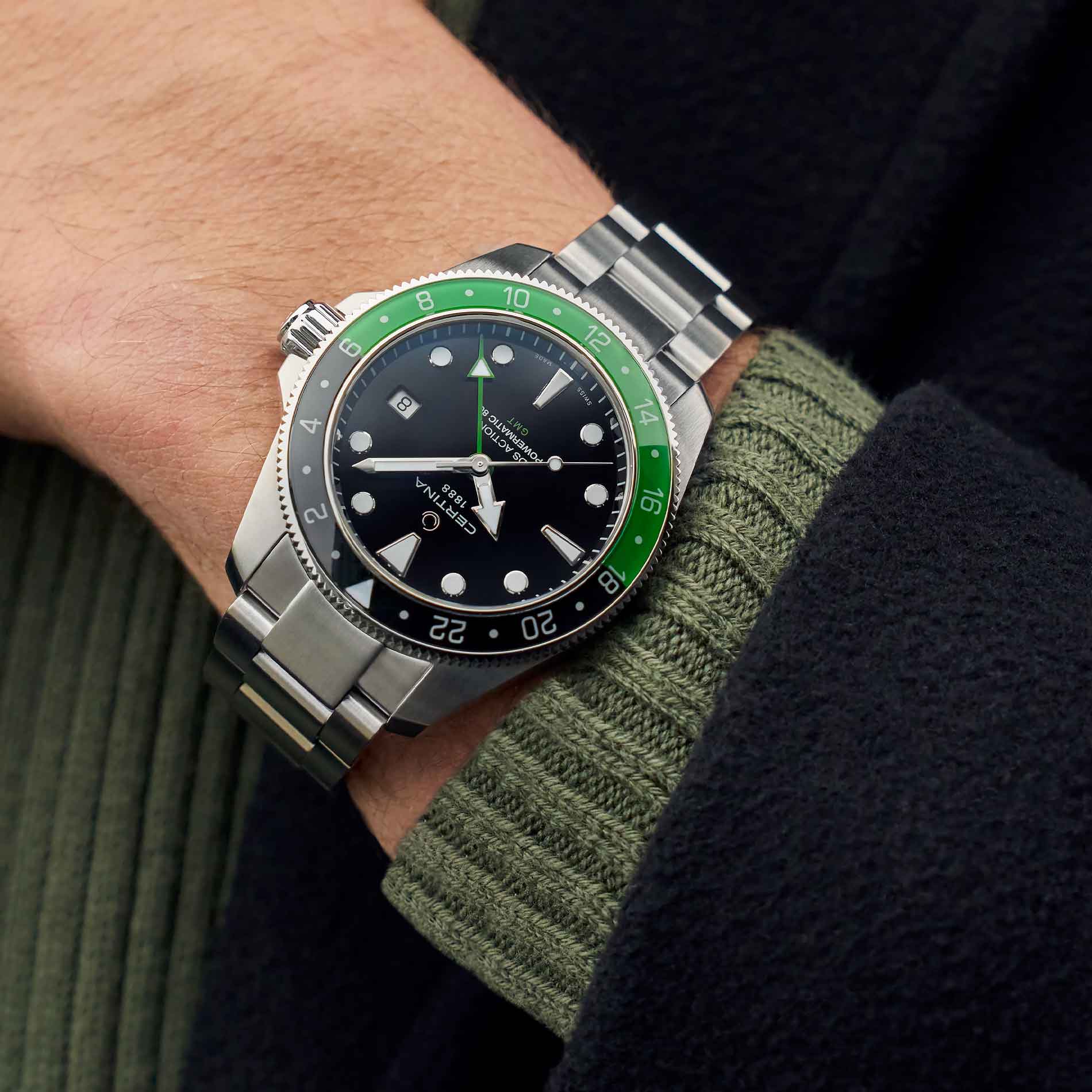 Certina ur i stål med grøn og sort