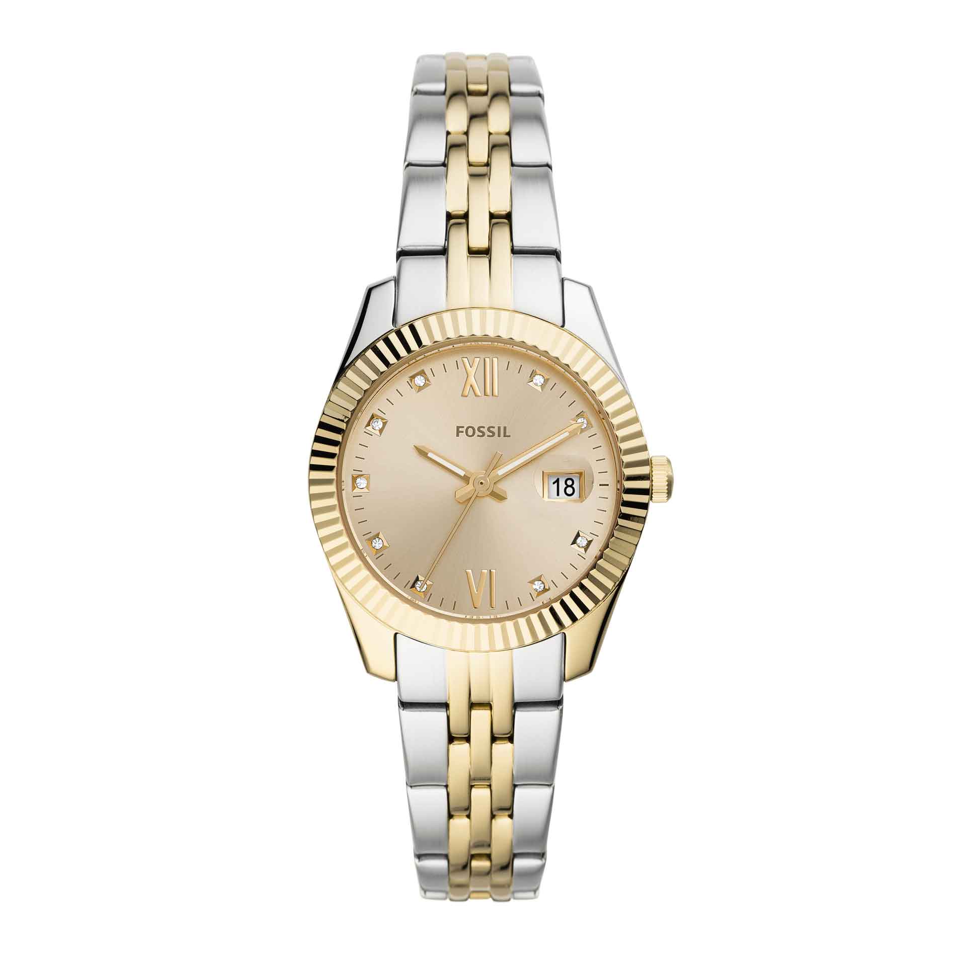 Fossil Scarlette Mini dameur i rustfrit stål med gyldne detaljer og gylden skive. Uret har datovisning. Uret er set forfra.