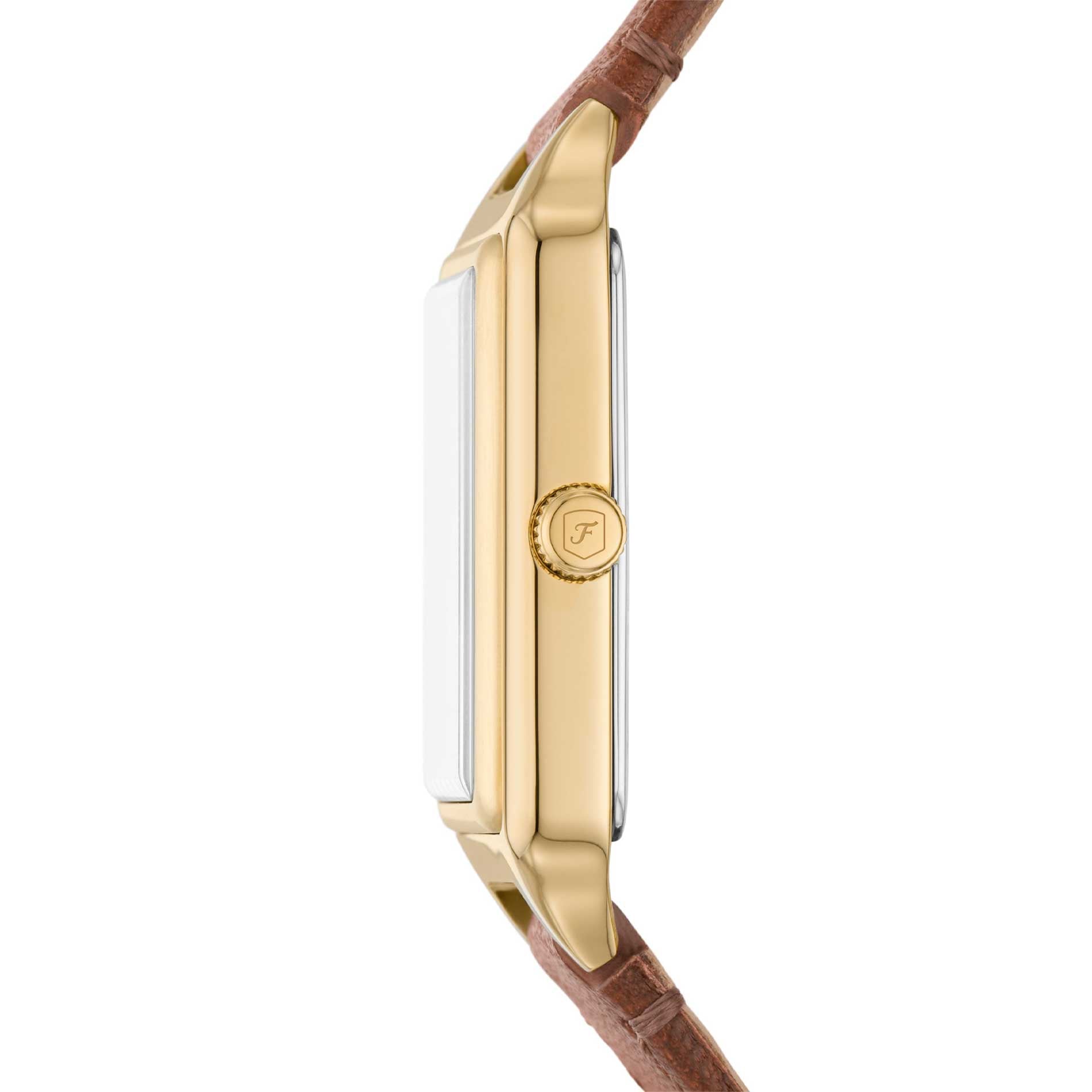 Firkantet Fossil ur med grå skive, gylden urkasse og brun læderrem